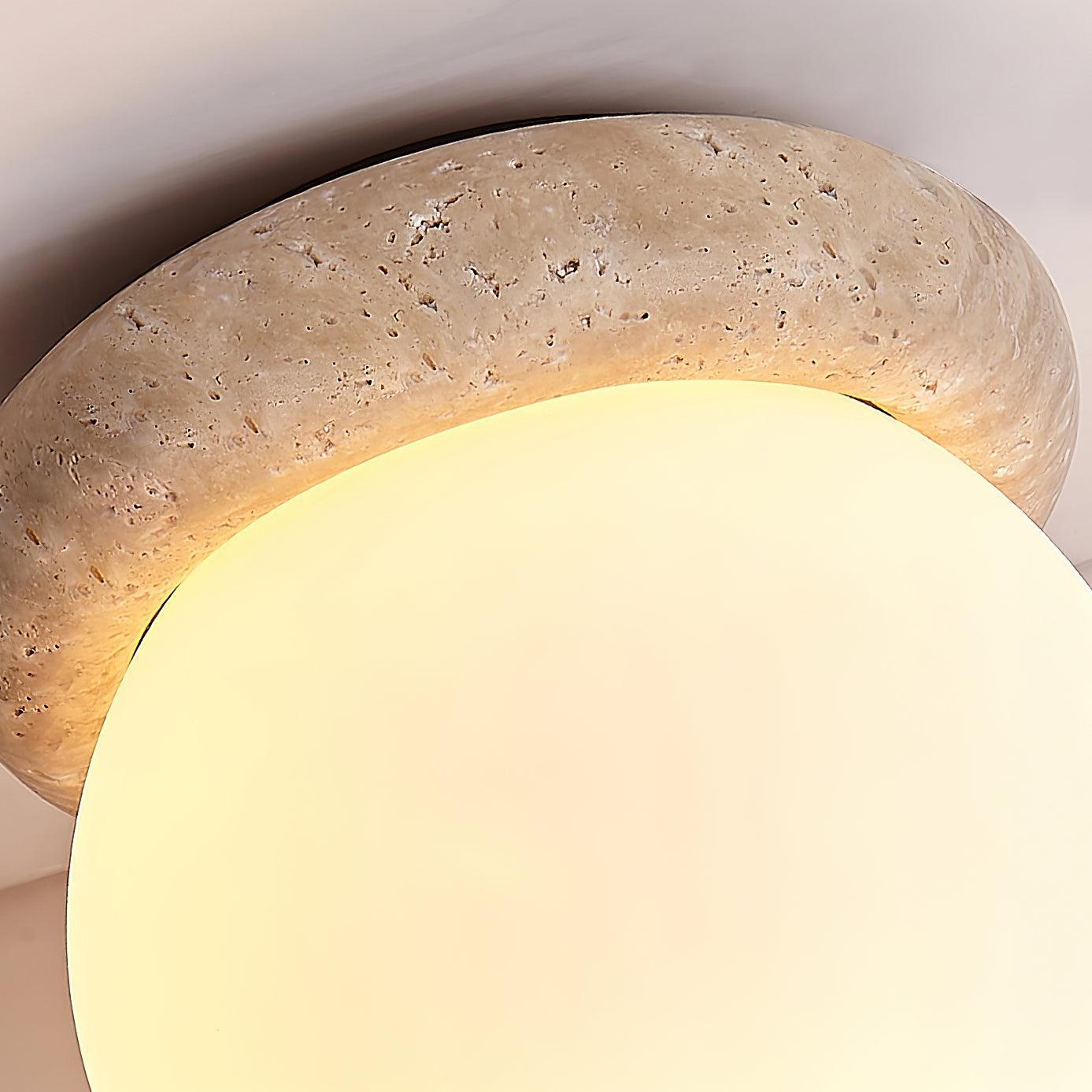 Coonli Minimalist Travertine Globe Ceiling Light - Handmade Beige Stone & White Glass