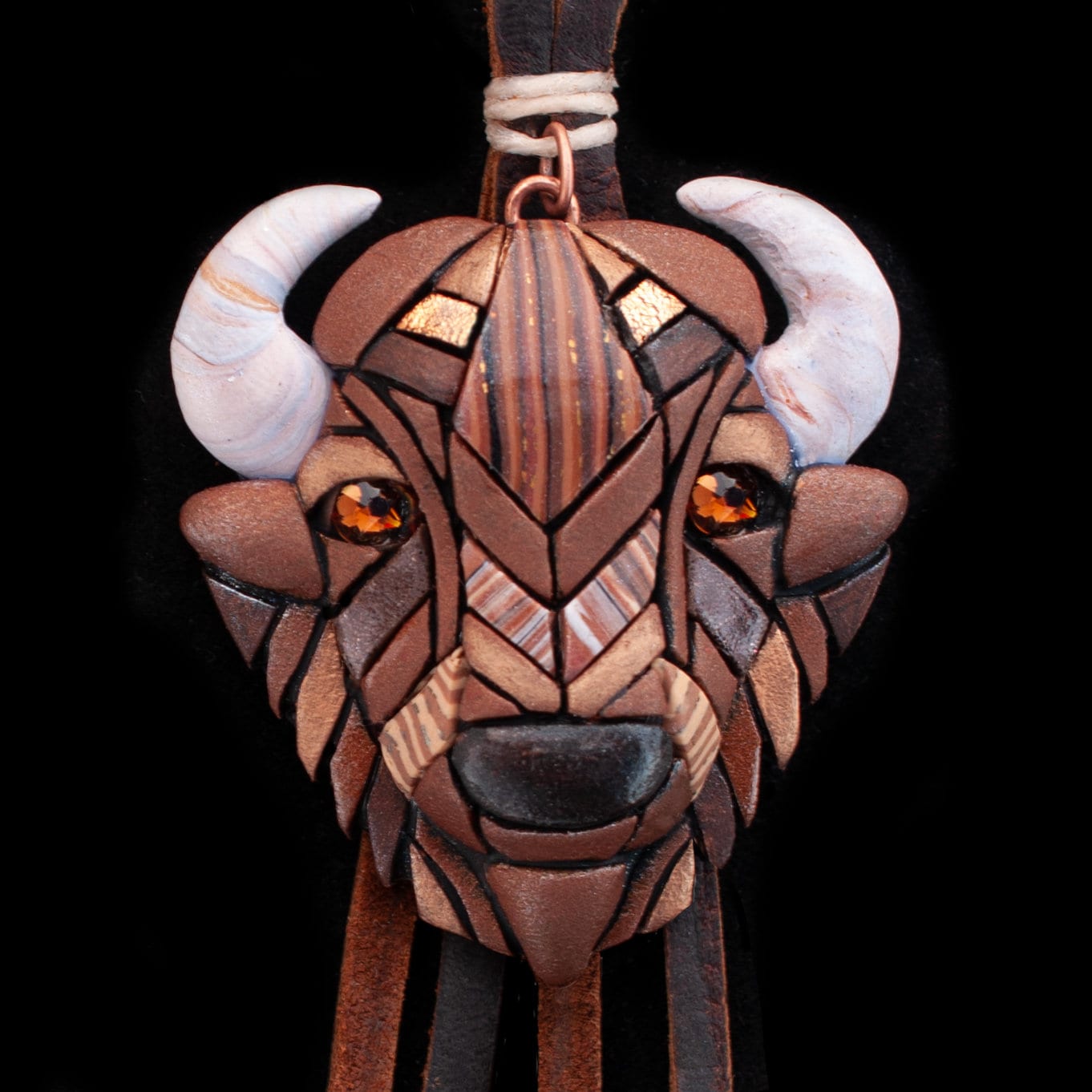 Bison Buffalo Necklace on Leather Cord, Western Style Mosaic Art, Spirit Animal, Handmade