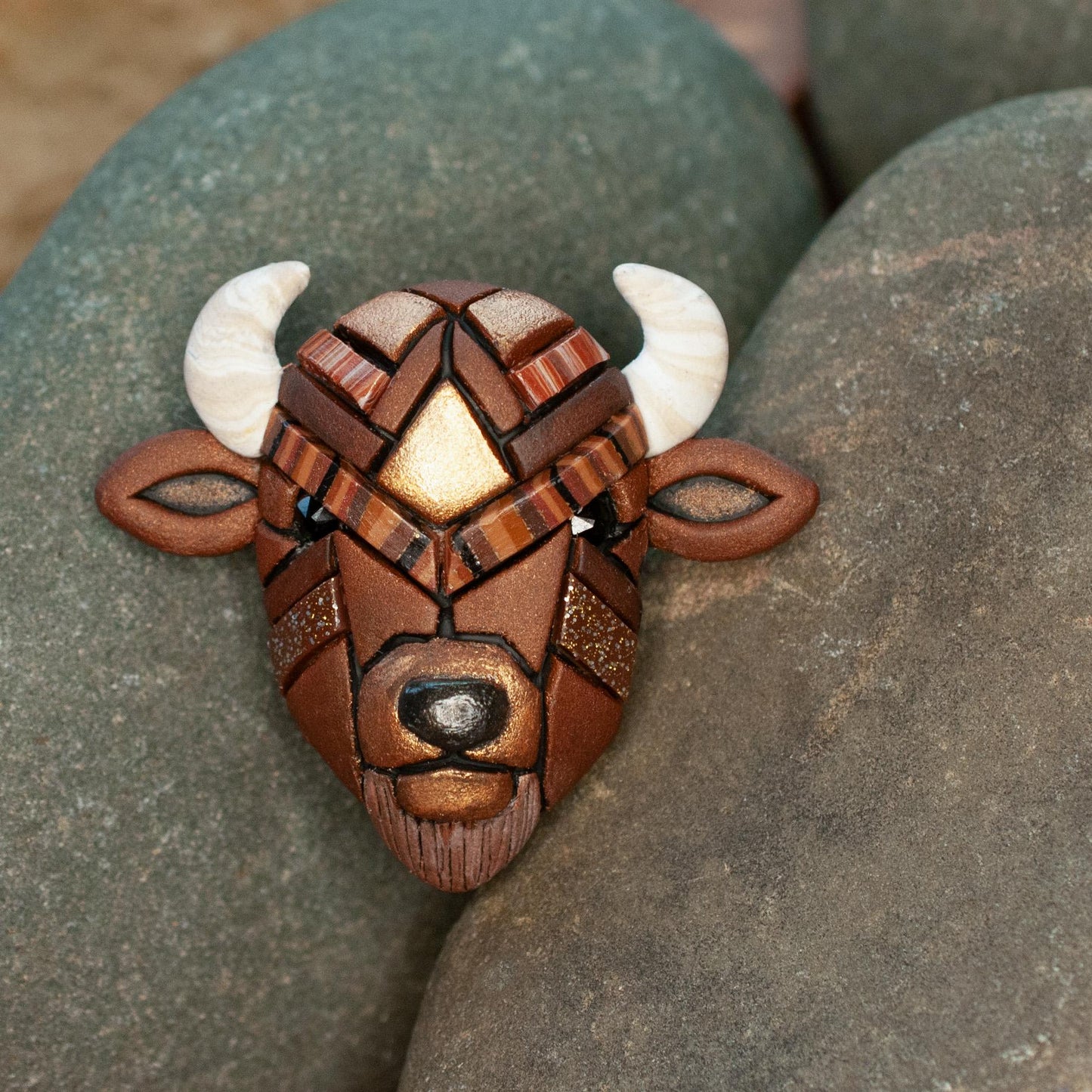 Bison Lapel Pin, Rustic Brown Buffalo Mosaic Brooch, Western Wildlife Nature Art
.