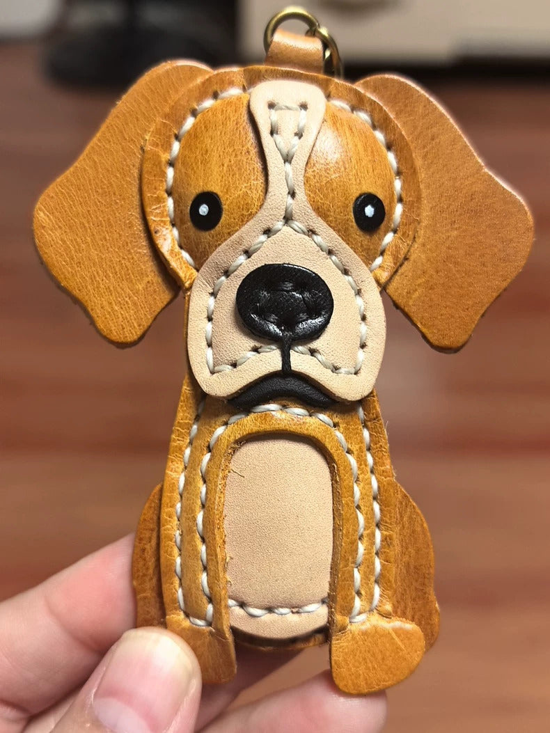 Dog Keychain for Adults – Brown Leather Handmade Puppy Pendant – 4x3 Inch