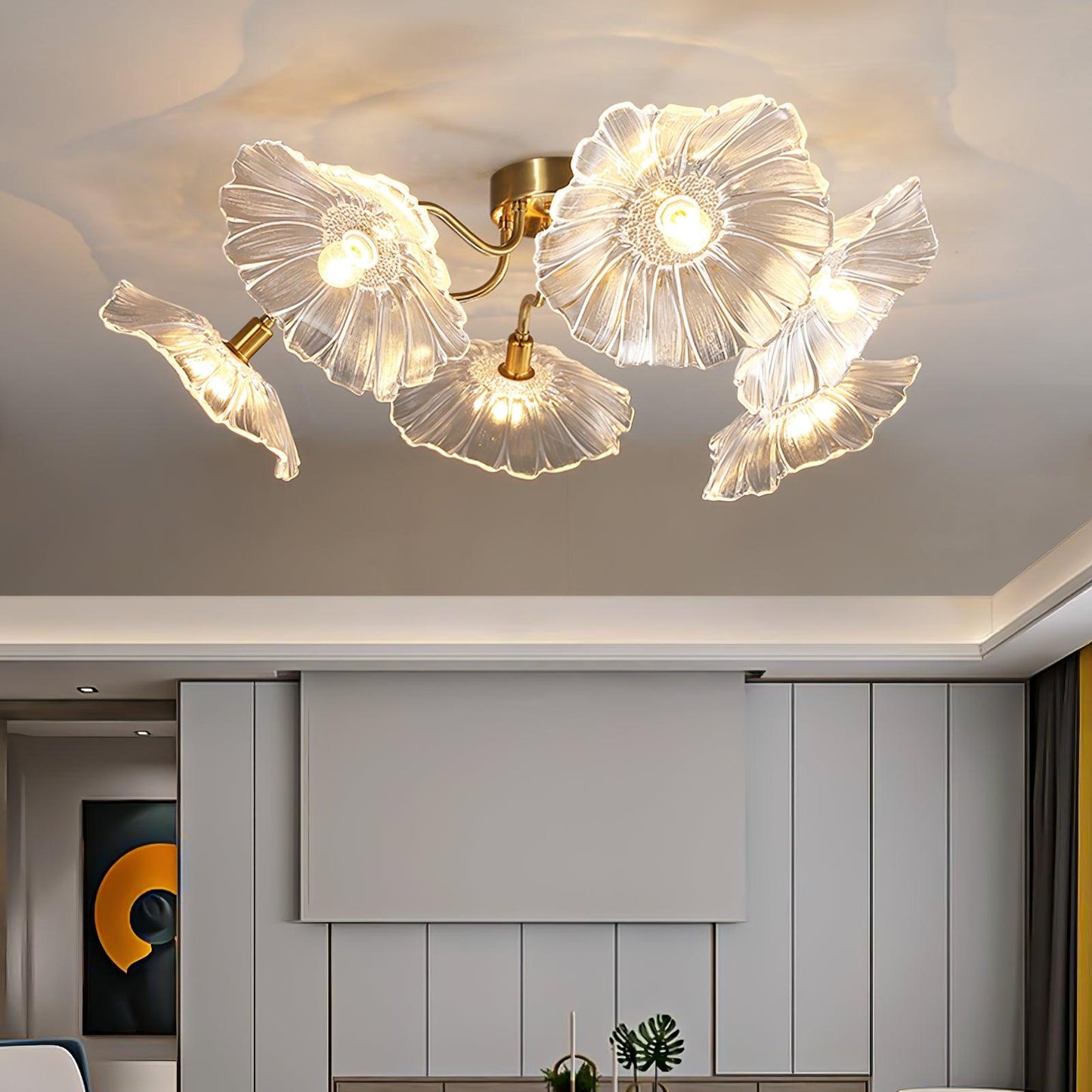 Glass Ceiling Lamp with Lotus Leaf Design