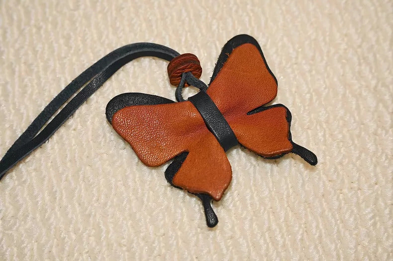 Butterfly Pendant for Adults – Orange Leather Handmade Charm Necklace – 7.5 cm