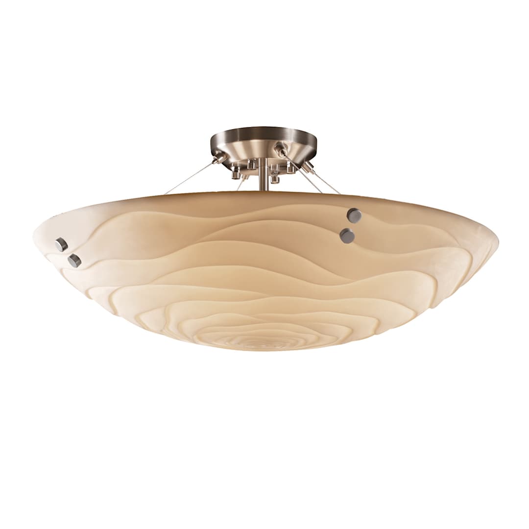 Porcelina 8 Light 51" Wide Round Semi-Flush Bowl Ceiling Fixture with Waves Shades and Cylindrical Finials