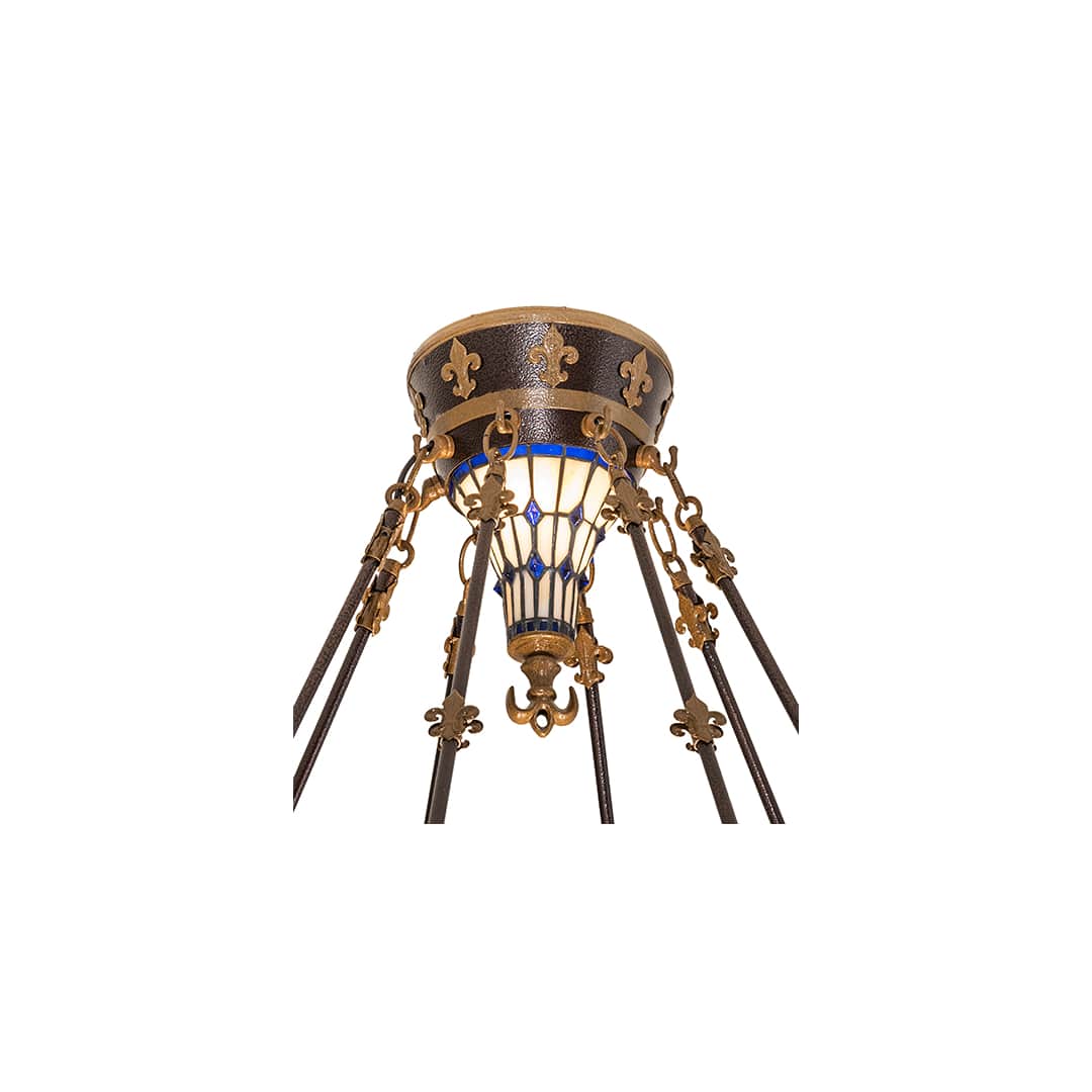 Fleur-de-lis 4 Light 28" Wide Semi-Flush Stained Glass Bowl Ceiling Fixture - Copper Vein Bake / Nu Gold Finish