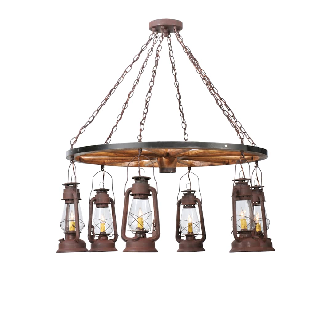 40" W Miners Lantern Wagon Wheel 6 Light Chandelier