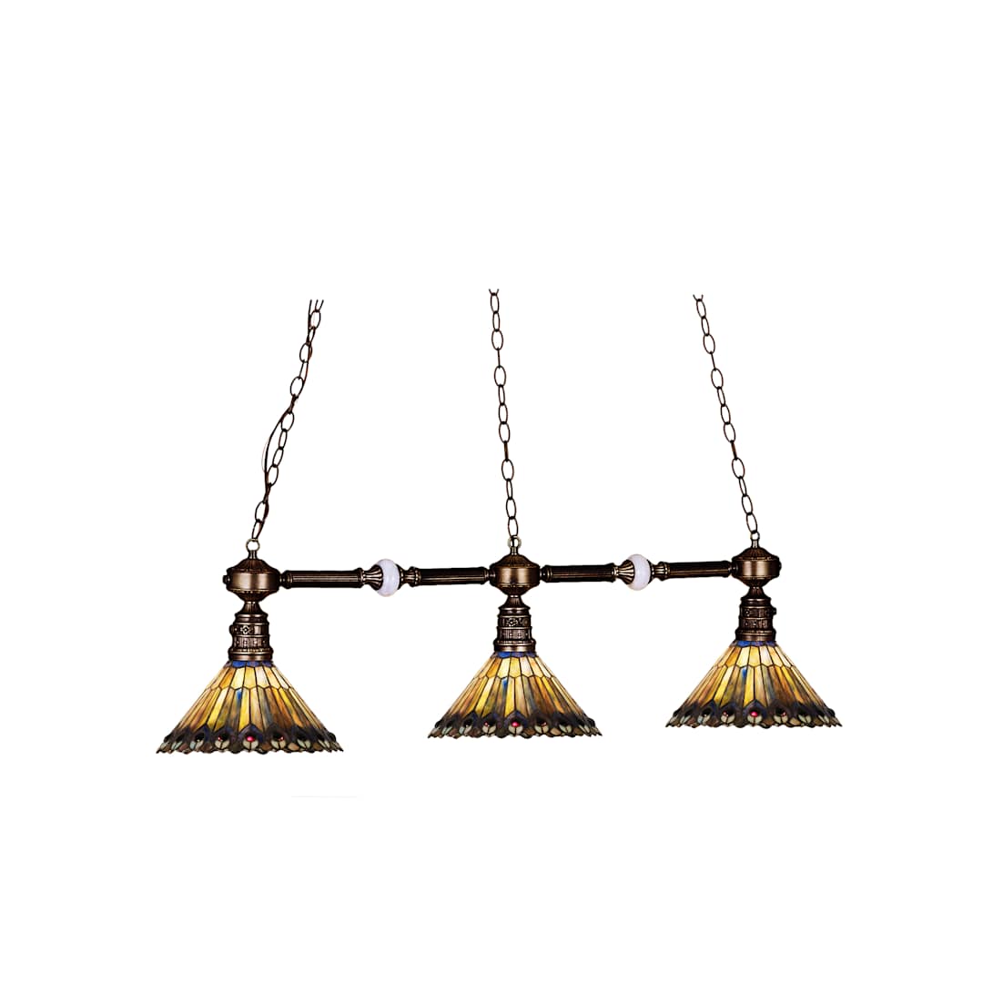 Tiffany Jeweled Peacock 3 Light 45" Wide Linear Chandelier with Tiffany Glass Shade