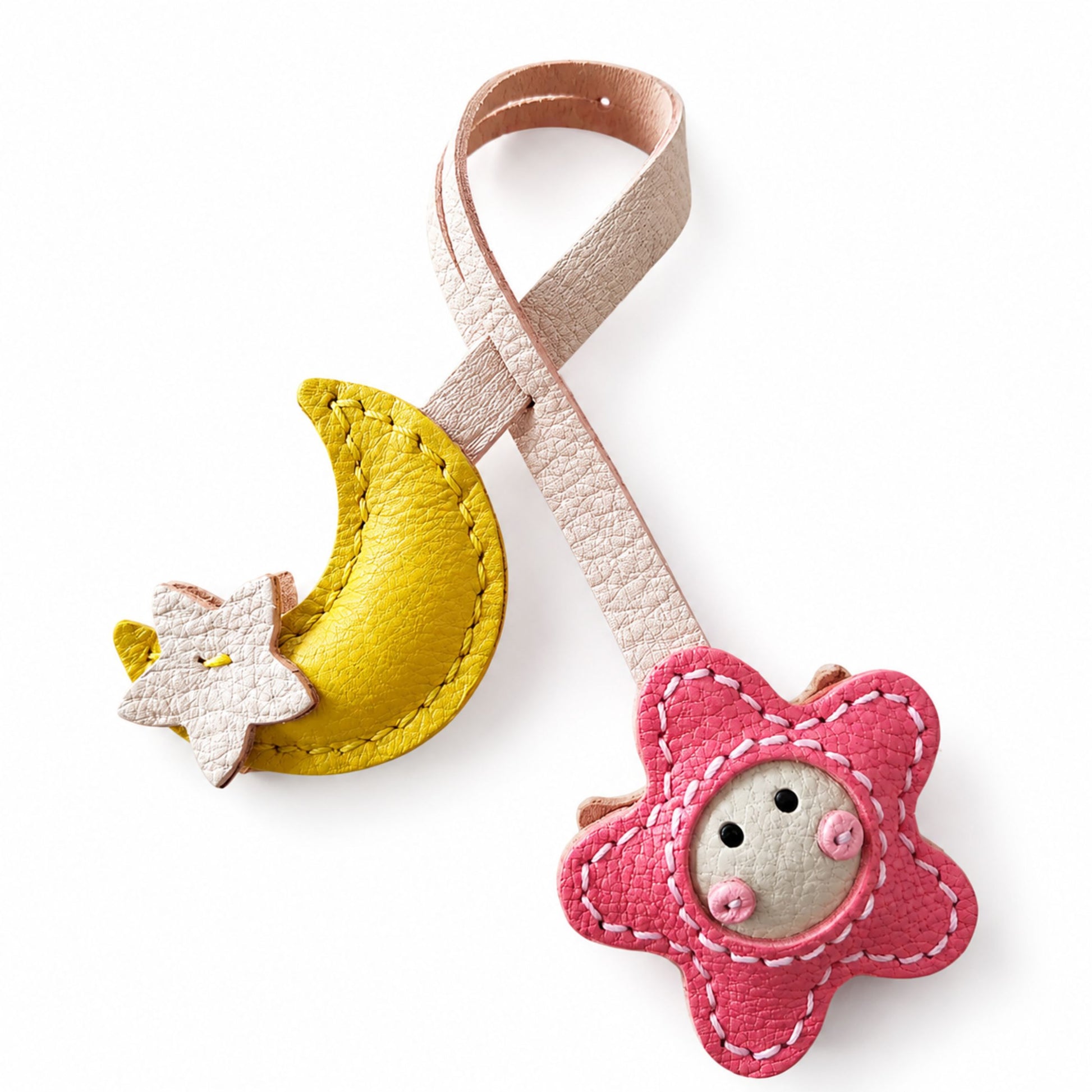 Bag Charm for Adults – Pink Sheepskin Handmade Moon & Star Pendant – 7 Inch