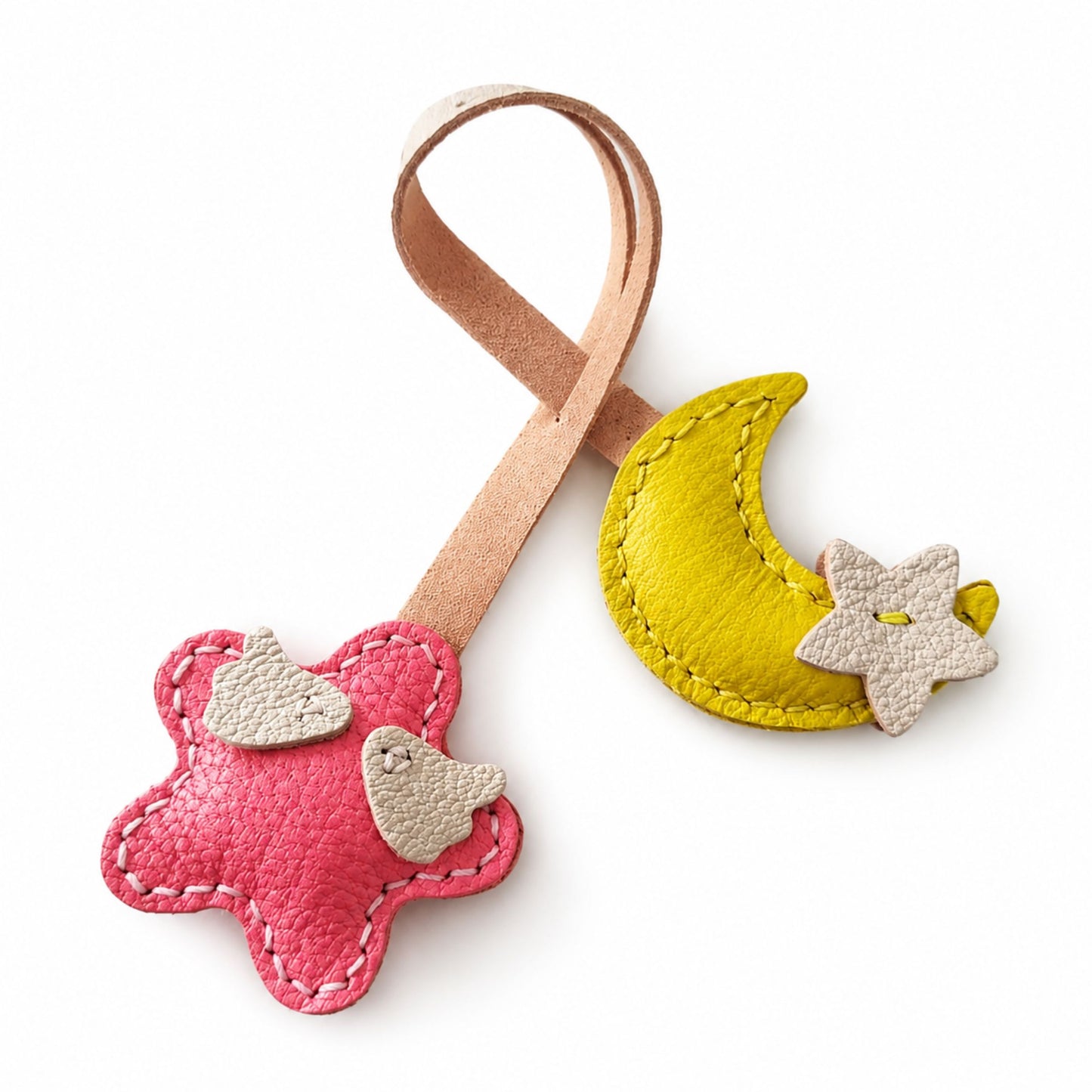 Bag Charm for Adults – Pink Sheepskin Handmade Moon & Star Pendant – 7 Inch