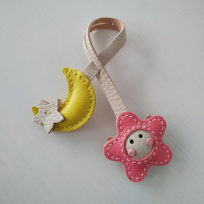 Bag Charm for Adults – Pink Sheepskin Handmade Moon & Star Pendant – 7 Inch