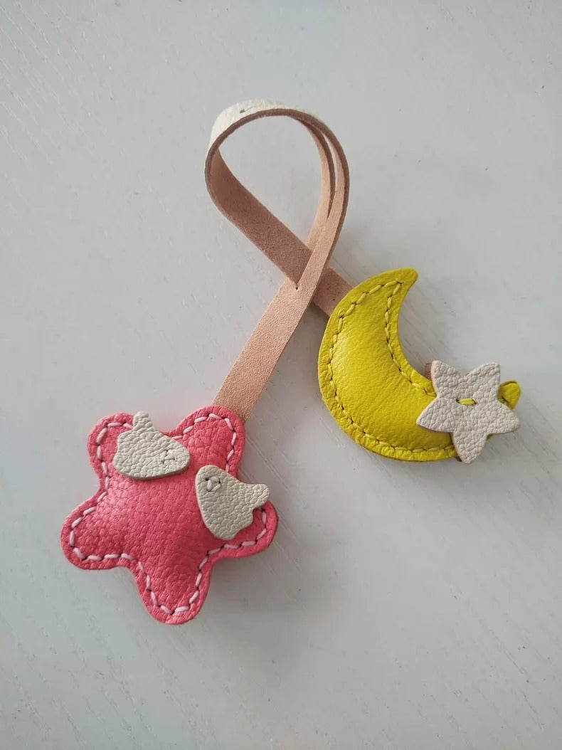 Bag Charm for Adults – Pink Sheepskin Handmade Moon & Star Pendant – 7 Inch 1