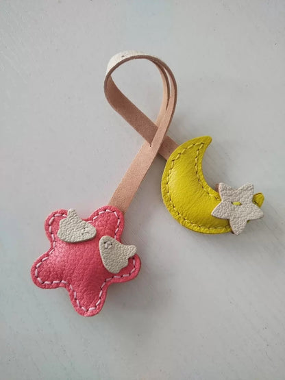 Bag Charm for Adults – Pink Sheepskin Handmade Moon & Star Pendant – 7 Inch 1