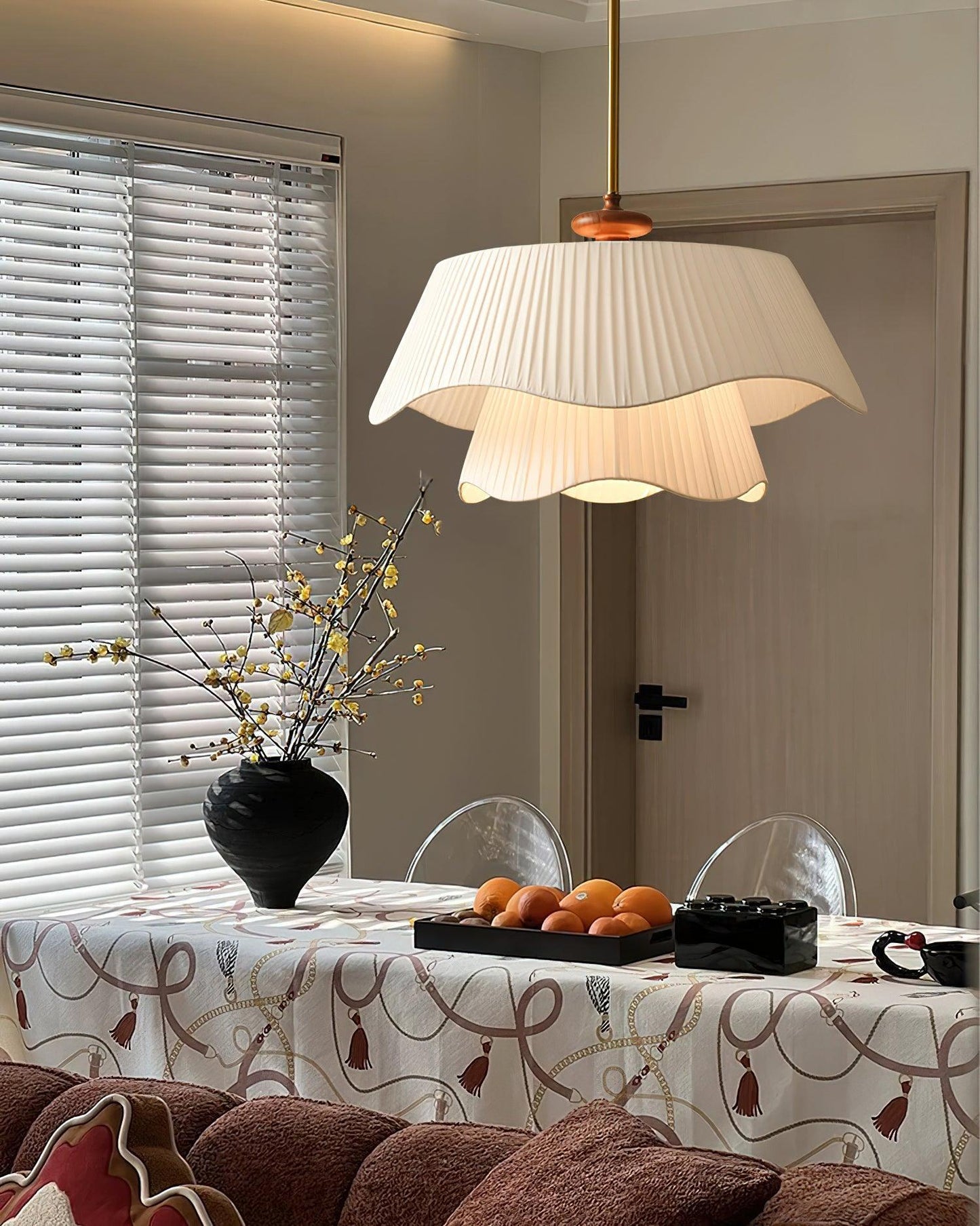 French Pleated Wood Metal Fabric Pendant Light