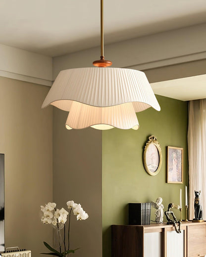French Pleated Wood Metal Fabric Pendant Light