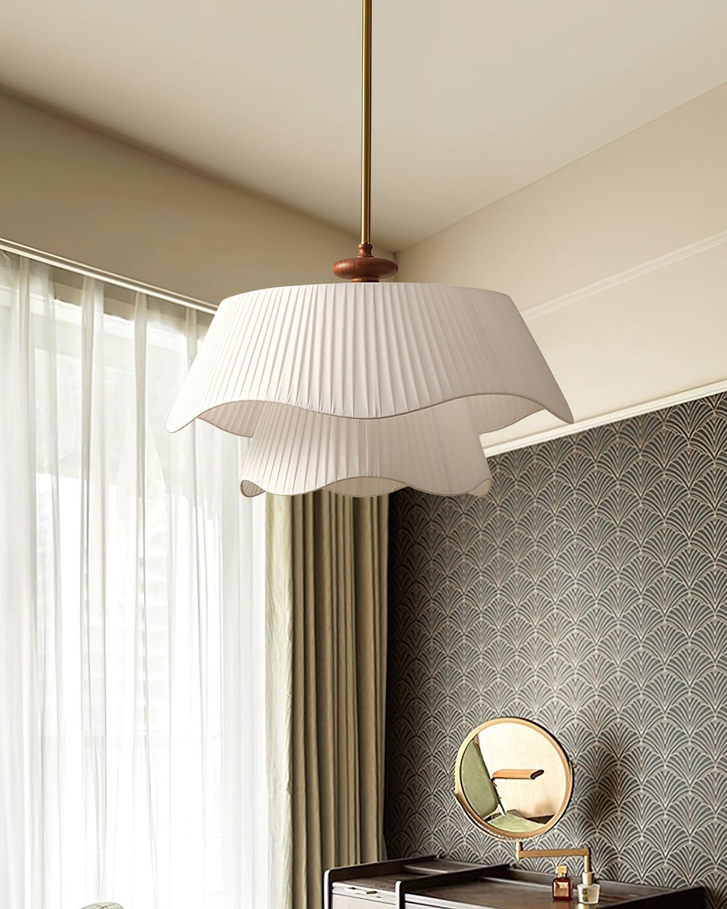 French Pleated Wood Metal Fabric Pendant Light