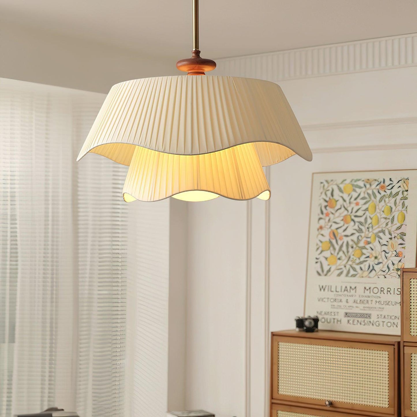 French Pleated Wood Metal Fabric Pendant Light