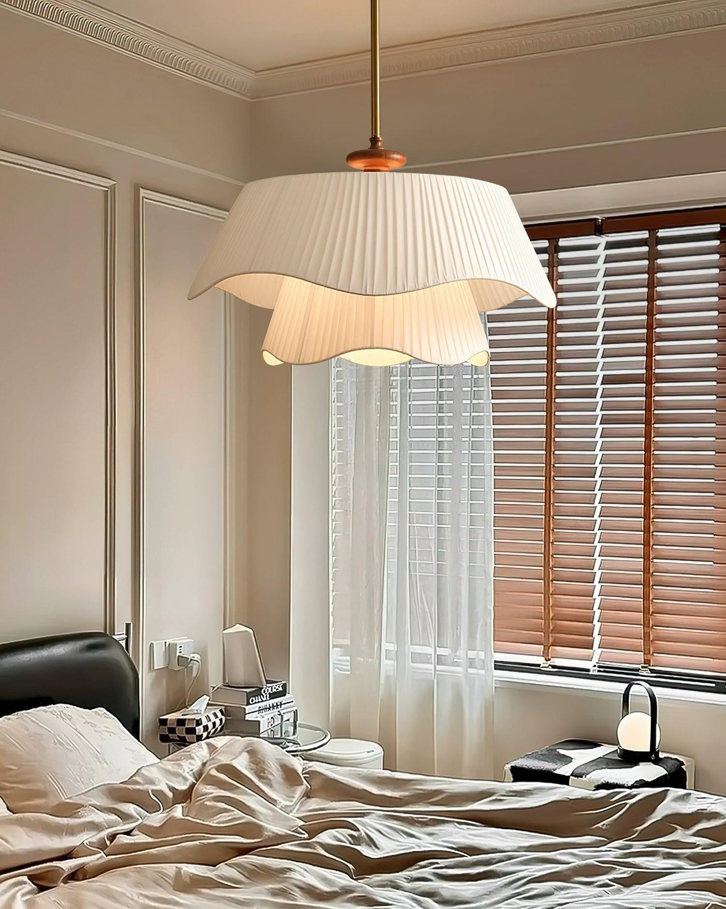 French Pleated Wood Metal Fabric Pendant Light