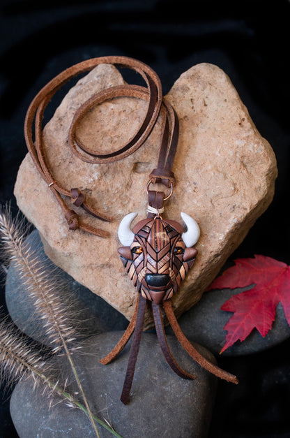 Bison Buffalo Necklace on Leather Cord, Western Style Mosaic Art, Spirit Animal, Handmade