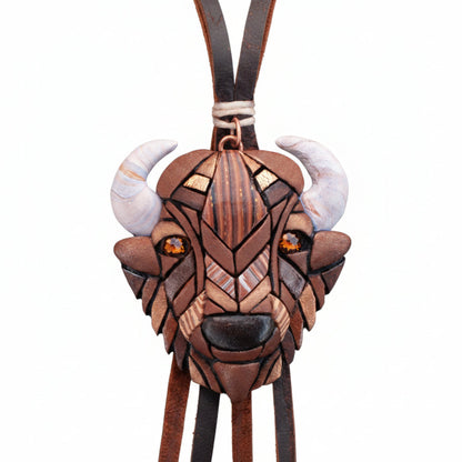 Bison Buffalo Necklace on Leather Cord, Western Style Mosaic Art, Spirit Animal, Handmade.