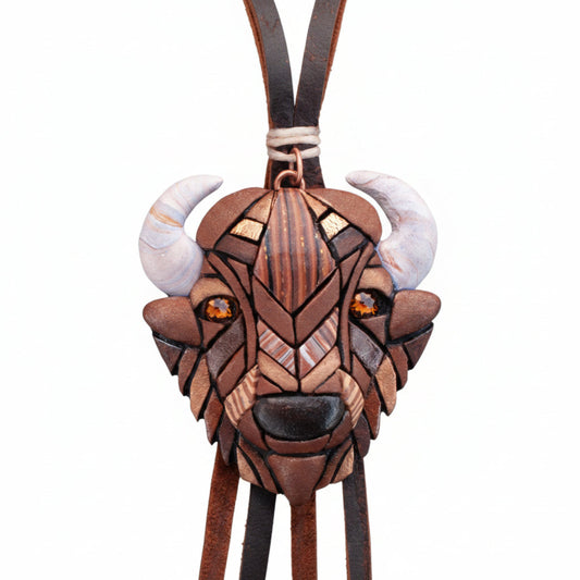 Bison Buffalo Necklace on Leather Cord, Western Style Mosaic Art, Spirit Animal, Handmade.