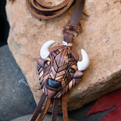 Bison Buffalo Necklace on Leather Cord, Western Style Mosaic Art, Spirit Animal, Handmade