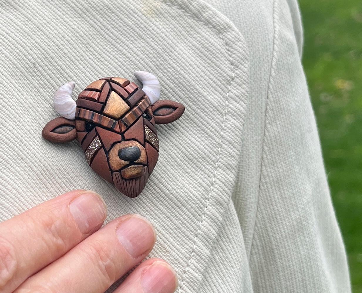 Bison Lapel Pin, Rustic Brown Buffalo Mosaic Brooch, Western Wildlife Nature Art.

