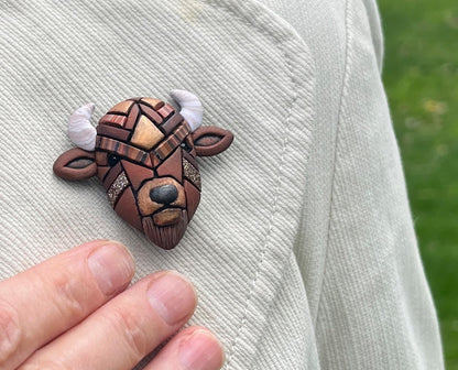 Bison Lapel Pin, Rustic Brown Buffalo Mosaic Brooch, Western Wildlife Nature Art.
