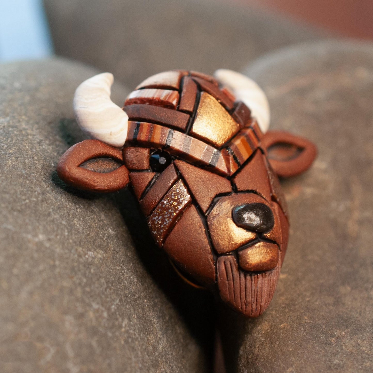 Bison Lapel Pin, Rustic Brown Buffalo Mosaic Brooch, Western Wildlife Nature Art