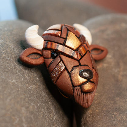 Bison Lapel Pin, Rustic Brown Buffalo Mosaic Brooch, Western Wildlife Nature Art