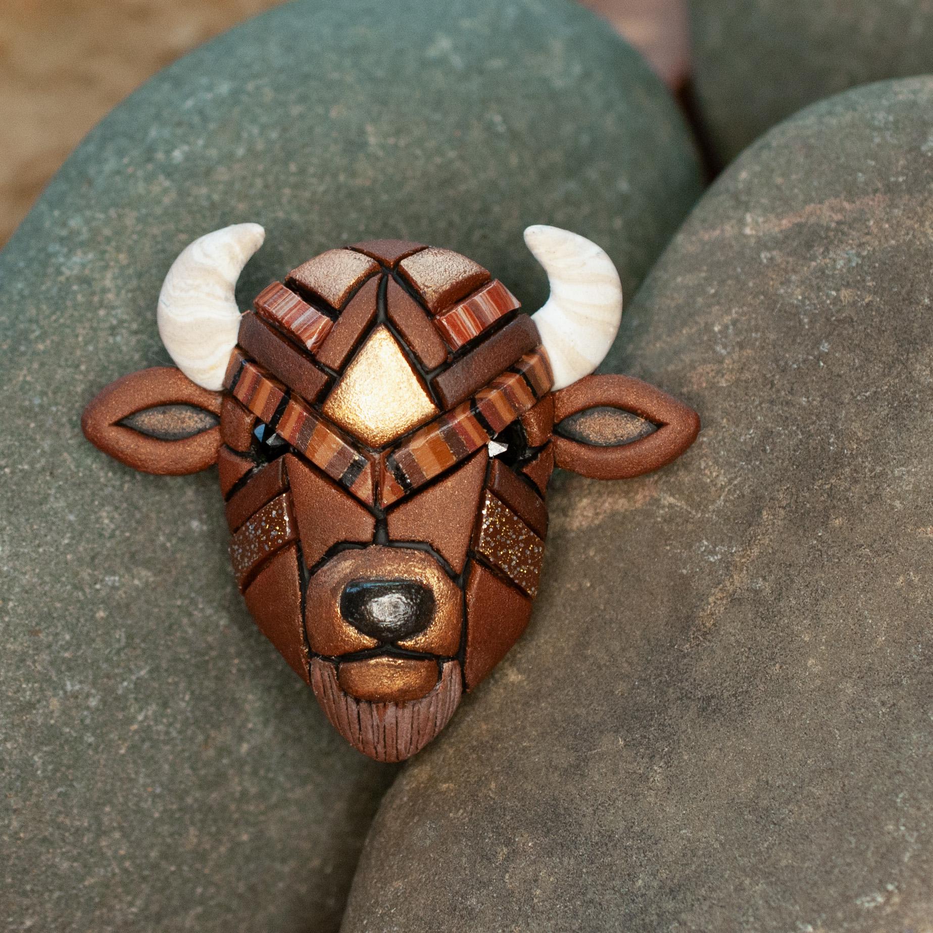 Bison Lapel Pin, Rustic Brown Buffalo Mosaic Brooch, Western Wildlife Nature Art
.