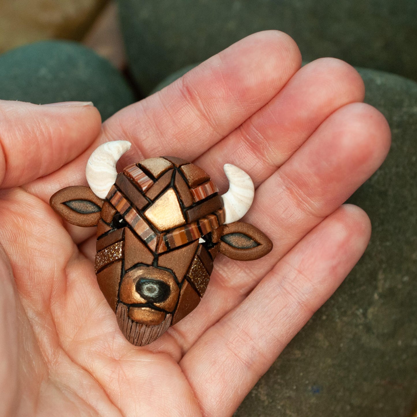 Bison Lapel Pin, Rustic Brown Buffalo Mosaic Brooch, Western Wildlife Nature Art
