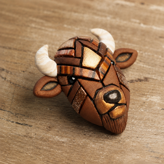 Bison Lapel Pin, Rustic Brown Buffalo Mosaic Brooch, Western Wildlife Nature Art