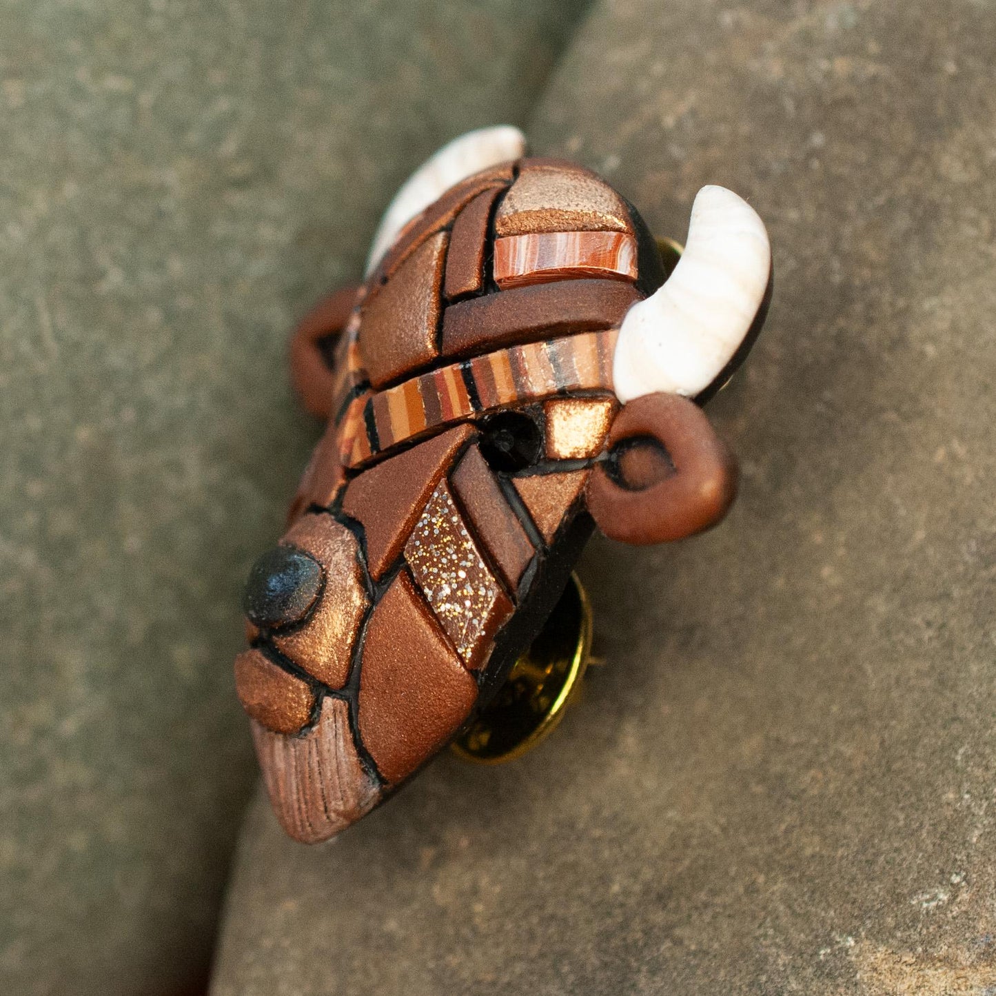 Bison Lapel Pin, Rustic Brown Buffalo Mosaic Brooch, Western Wildlife Nature Art
