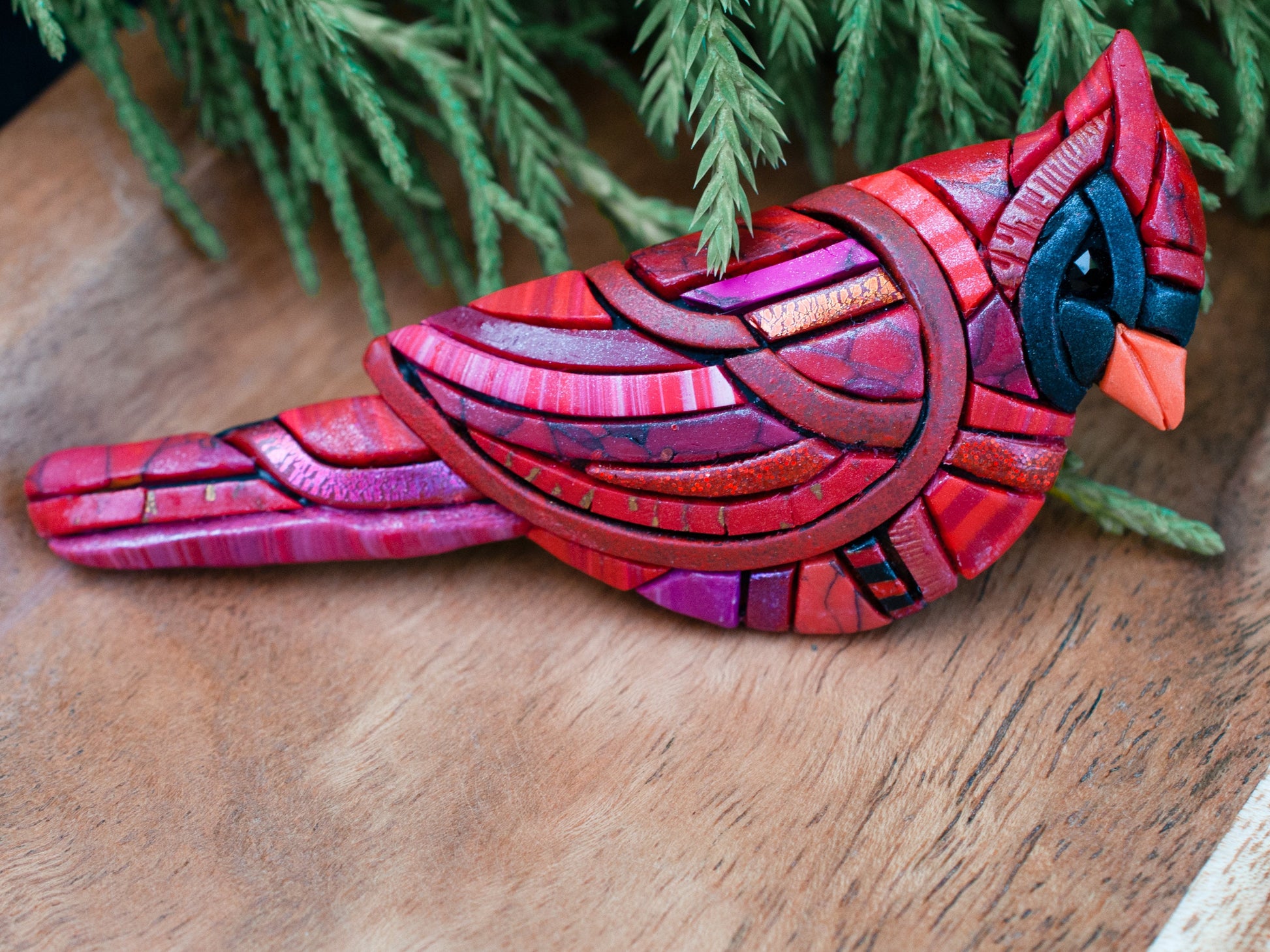 Cardinal Pin Brooch, Male or Female Bird, Red Mosaic Art to Wear, Festive Holiday Style, Unique Gift Idea for her, Nature Spirit Animal fly