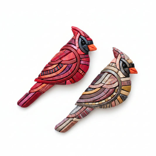 Cardinal Mosaic Pin Brooch, Male Red or Female, Handmade Polymer Clay Bird, Wildlife Nature Art