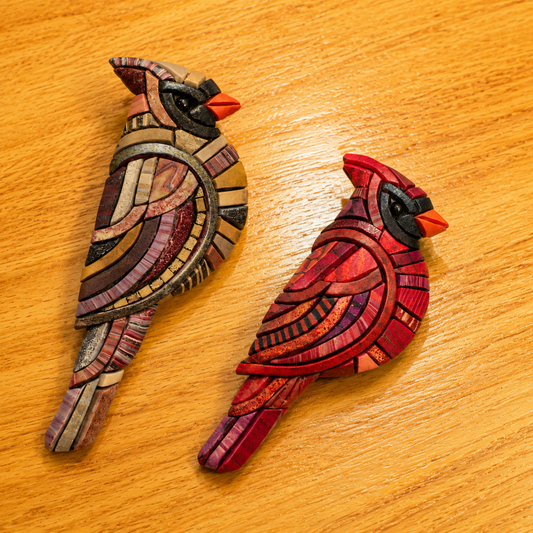 Cardinal Mosaic Pin Brooch, Male Red or Female, Handmade Polymer Clay Bird, Wildlife Nature Art