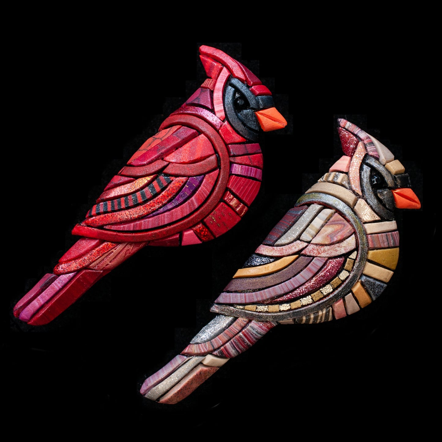 Cardinal Mosaic Pin Brooch, Male Red or Female, Handmade Polymer Clay Bird, Wildlife Nature Art