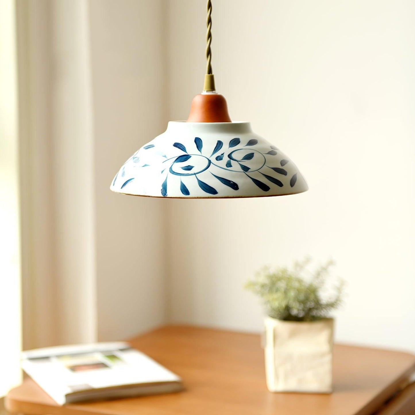 Oriental Ceramic Wood Pendant Light