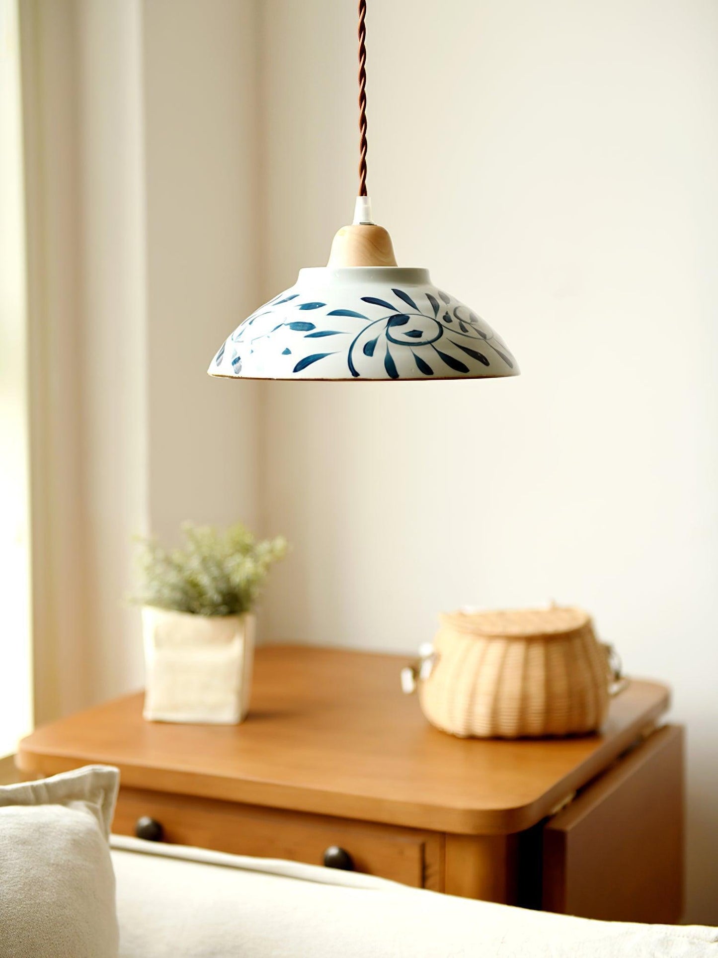 Oriental Ceramic Wood Pendant Light