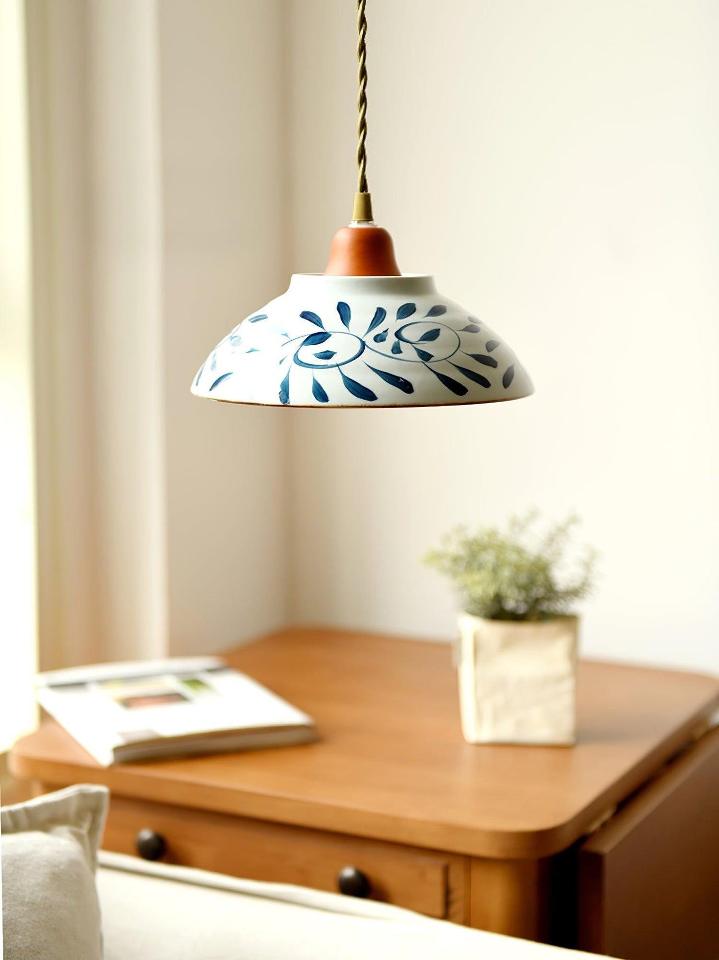 Oriental Ceramic Wood Pendant Light