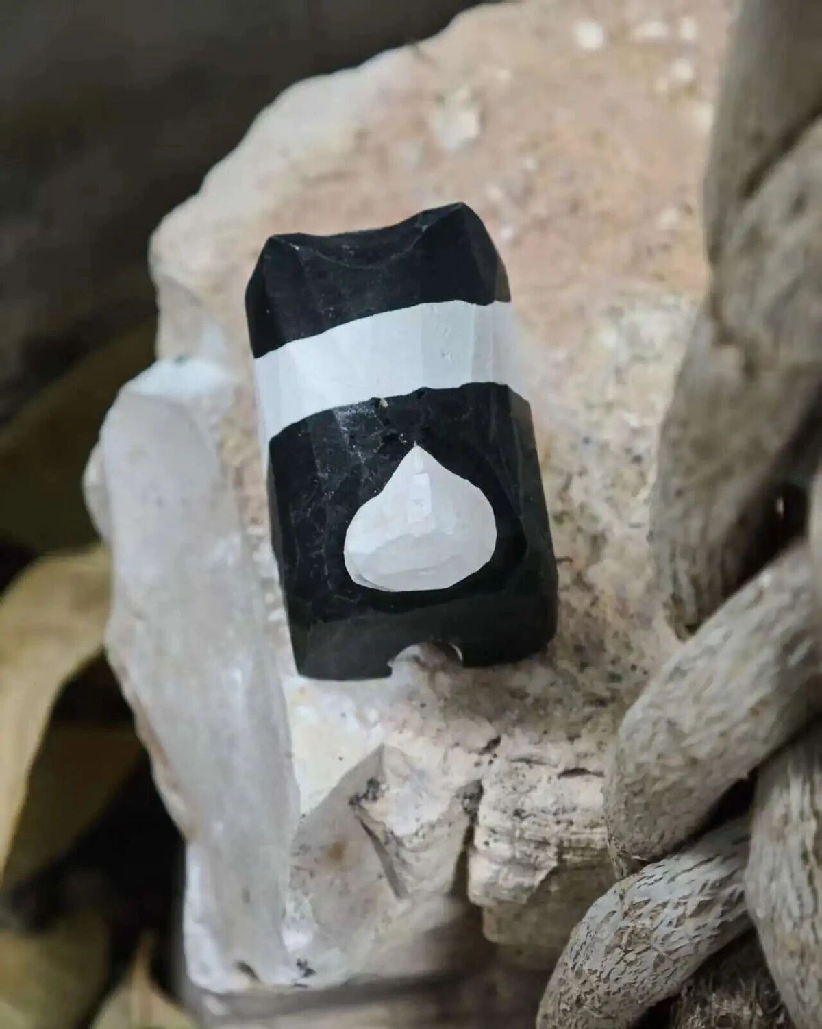 A black and white carved stone or crystal object with a teardrop-shaped white inlay, displayed on rough white stone and next to a textured brown root or vine.