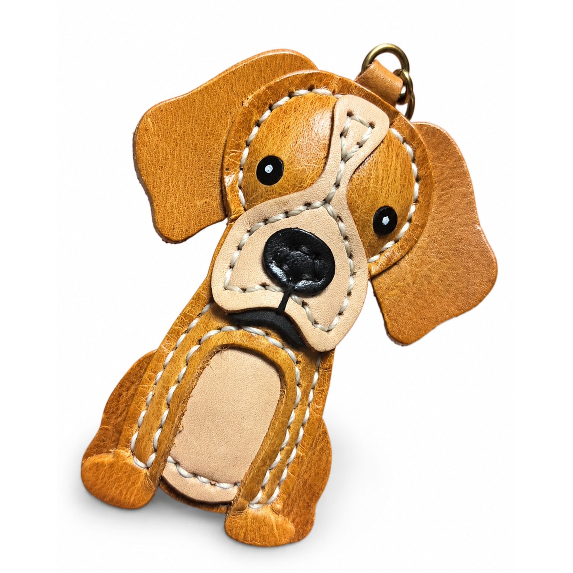 Dog Keychain for Adults – Brown Leather Handmade Puppy Pendant – 4x3 Inch