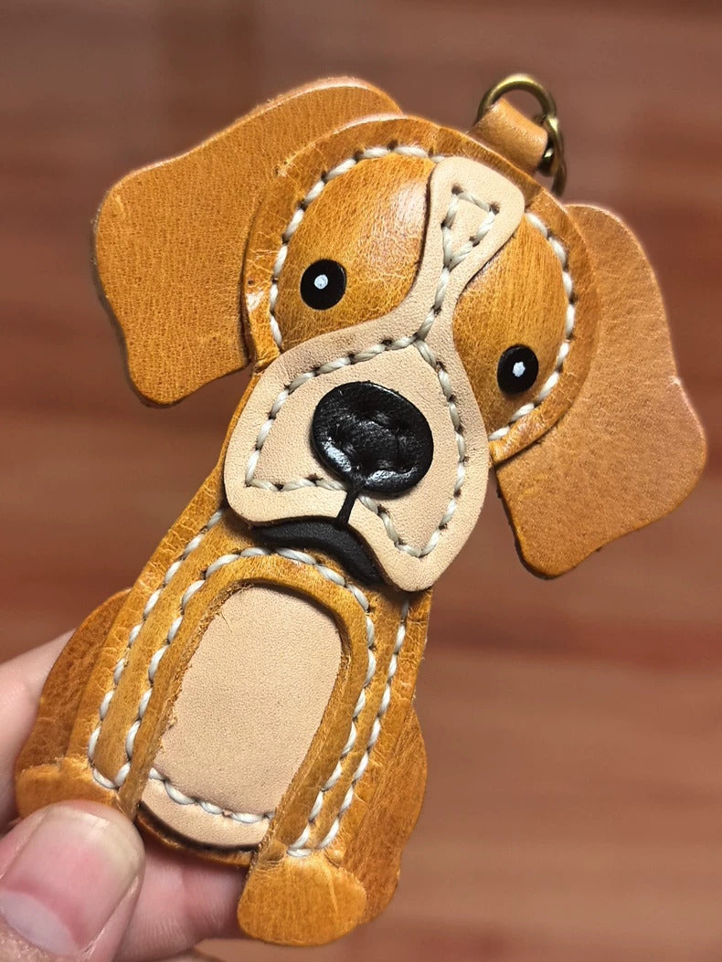 Dog Keychain for Adults – Brown Leather Handmade Puppy Pendant – 4x3 Inch