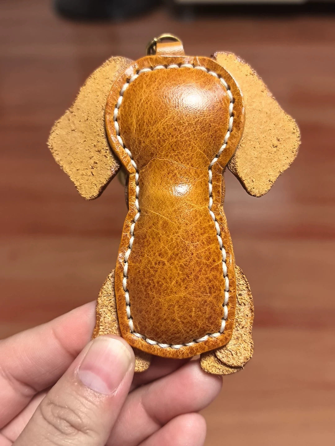 Dog Keychain for Adults – Brown Leather Handmade Puppy Pendant – 4x3 Inch 1