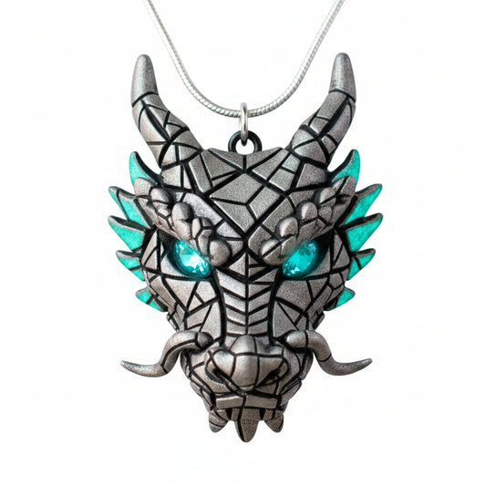 Dragon Totem Necklace - Silver & Green Geometric Mosaic Art Jewelry