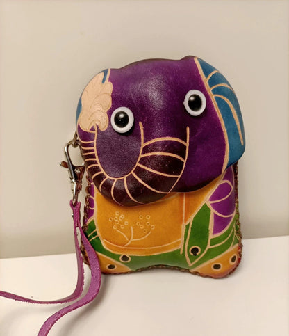 Elephant Pouch for Adults – Purple Cowhide Handmade Coin & Key Holder – 12.5 cm