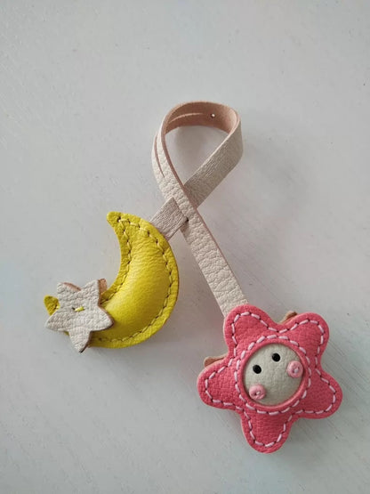 Bag Charm for Adults – Pink Sheepskin Handmade Moon & Star Pendant – 7 Inch