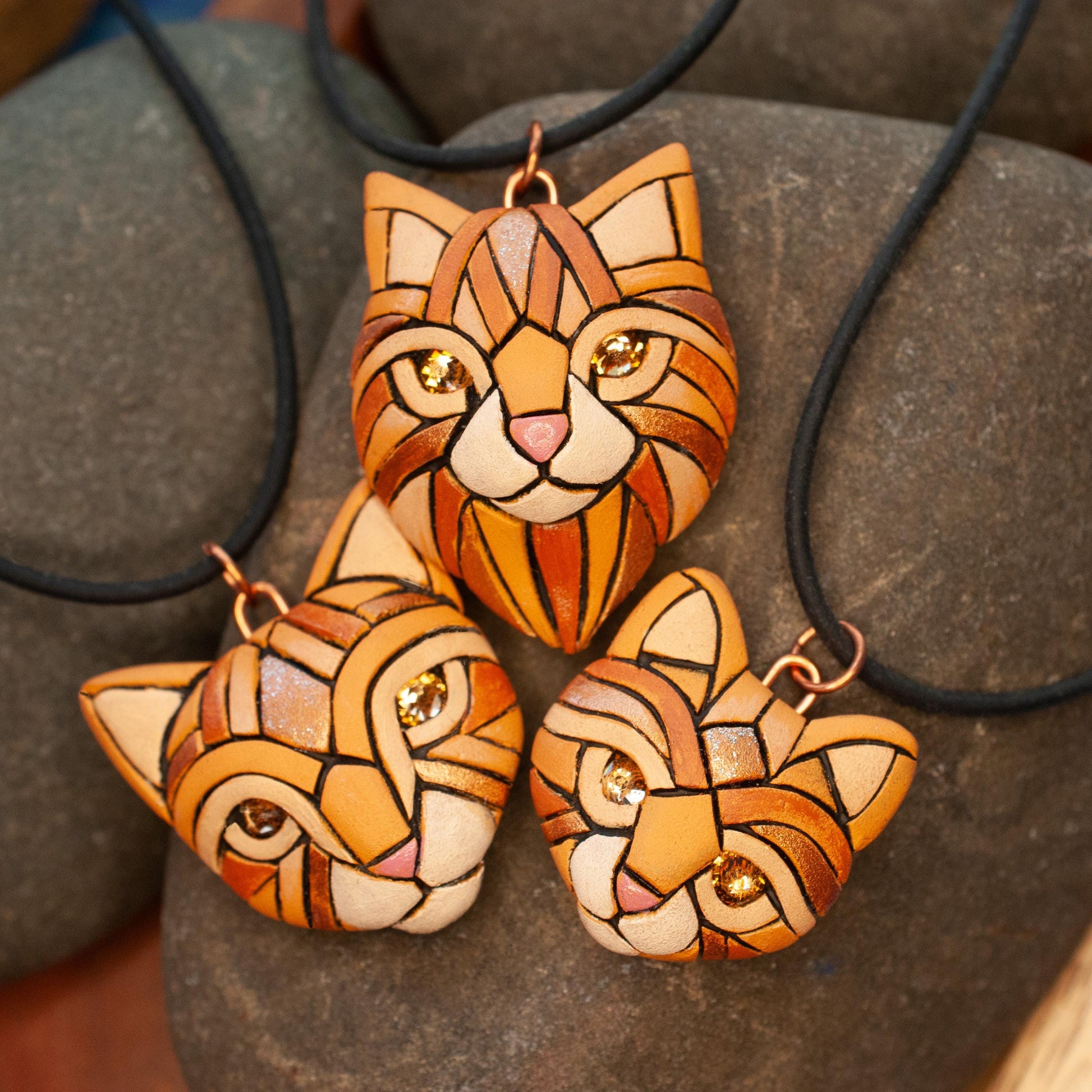 Ginger Cat Pendant Necklace: Polymer Clay Kitten Jewelry, Swarovski Crystals