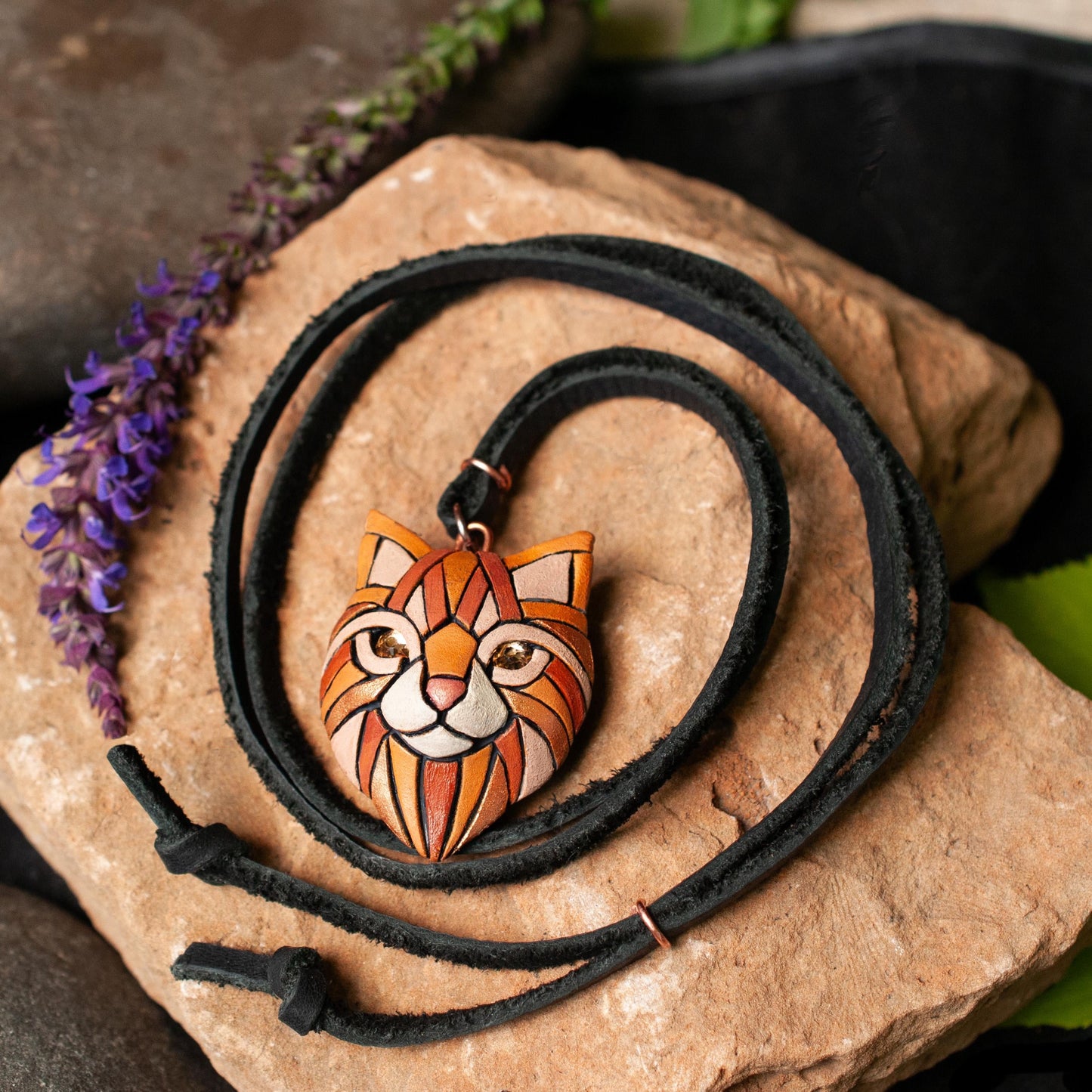 Ginger Cat Pendant Necklace: Polymer Clay Mosaic Jewelry, Swarovski 