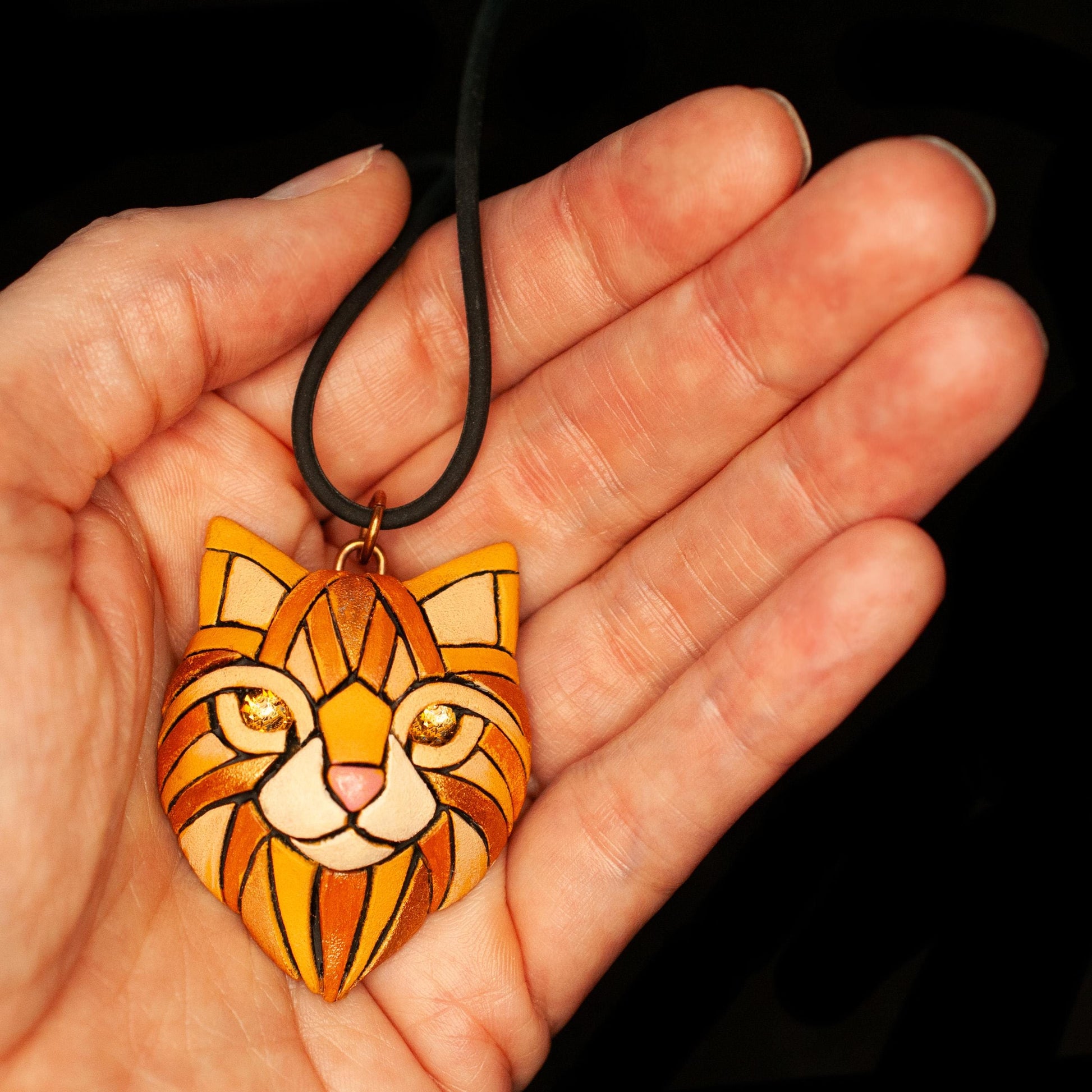Ginger Cat Pendant Necklace: Polymer Clay Mosaic Jewelry, Swarovski ,