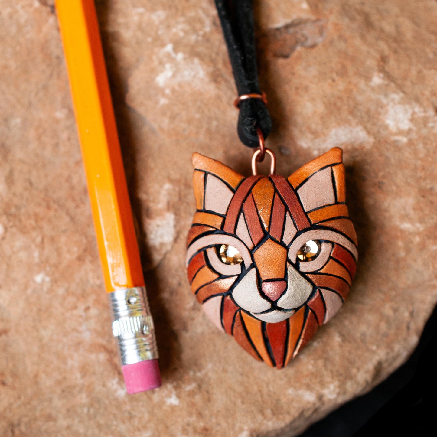 Ginger Cat Pendant Necklace: Polymer Clay Mosaic Jewelry, Swarovski Crystal 